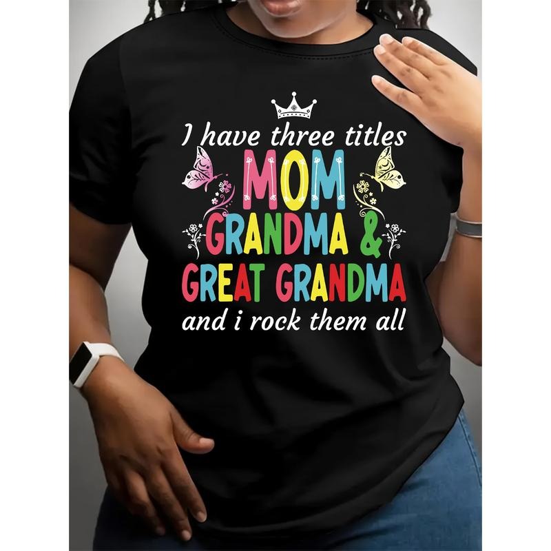 Women'WB shield Polyester T-Shirt with "Mom, Grandma & Great Grandma" Letter Print, Casual Crew Neck Short Sleeve Top,...