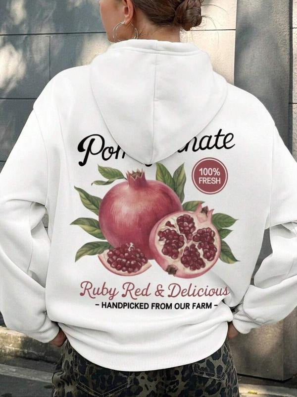Women'WB shield Pomegranate Print Drop Shoulder Hoodie, Fashion Casual Drawstring Pocket Hooded Sweatshirt for Daily Holiday Outdoor Wear, Women Clothing for Fall & Winter
