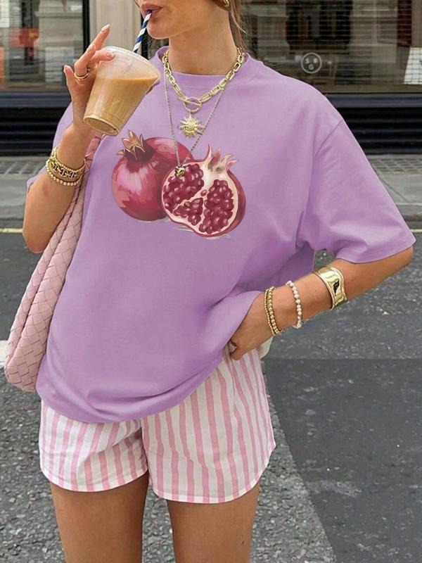 Women'WB shield Pomegranate Print Round Neck Tee, Casual Short Sleeve Crew Neck T-shirt for Summer, Fashion Women'WB...
