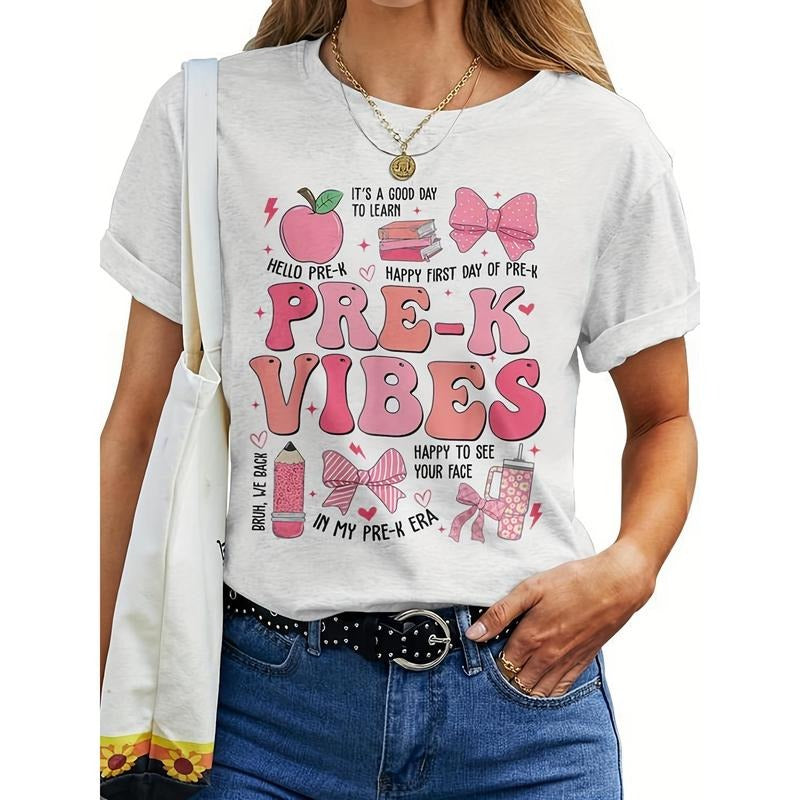 Women'WB shield Pre-K Teacher Back Hidden leaf ninja T-Shirt - Playful Graphic with Bitten fruit, Crayons & Bow Design