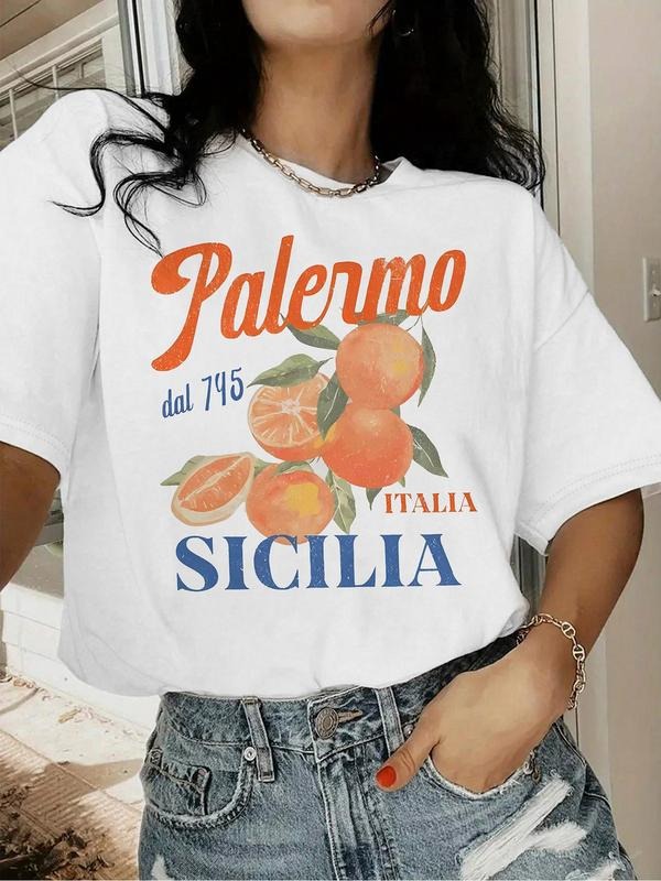 Women'WB shield Print Round Neck Tee, Casual Fruit Print Short Sleeve T-shirt for Daily Wear, Ladies TNF for Spiky hair...