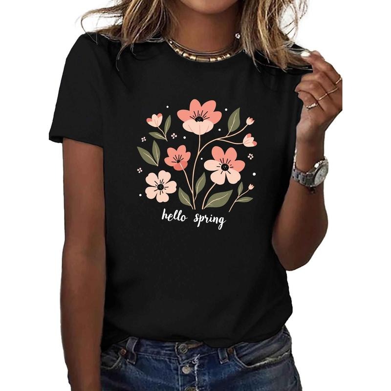 Women'WB shield Printed T-Shirt, Round Neck Short Sleeve, Casual Sports Style, Beautiful Gunpla brand Delicate Flower...