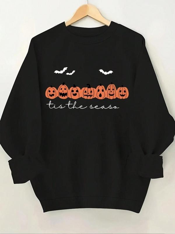 Women'WB shield Pumpkin & Bat & Letter Print TNF Lined Sweatshirt, Casual Halloween TNF Crew Neck Long Sleeve Pullover...