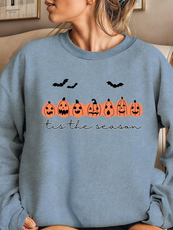 Women'WB shield Pumpkin & Bat Print Sweatshirt, Casual Drop Shoulder Long Sleeve Pullover, Women'WB shield Top for Daily...
