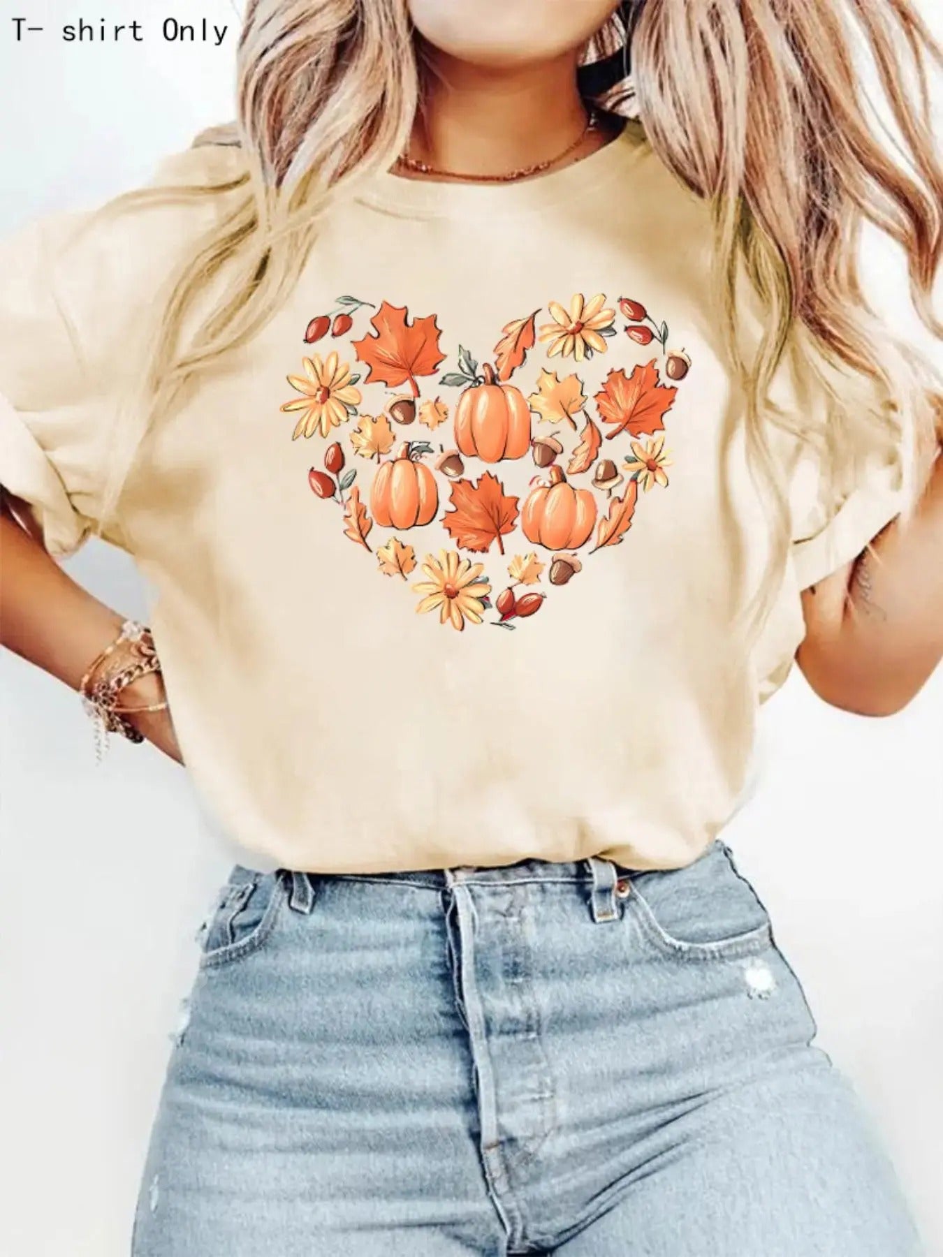 Women'WB shield Pumpkin & Floral Print Round Neck Tee, Casual Short Sleeve Crew Neck T-Shirt for Summer, Fashion Women'WB...