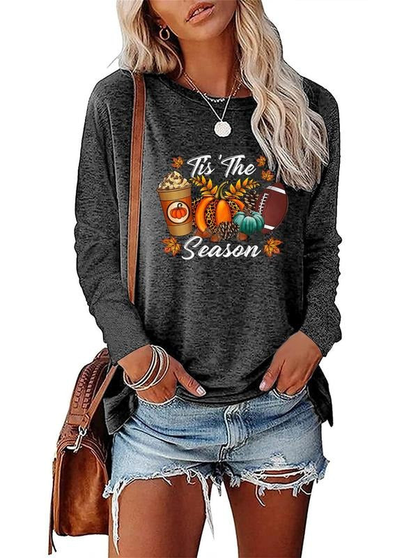 Women'WB shield Pumpkin & Ice Cream Print Round Neck Tee, Long Sleeve Crew Neck T-Shirt, Casual Comfy Top for Spring &...