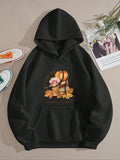 Women'WB shield Pumpkin & Maple Leaf Print Drop Shoulder Hoodie, Fashion Casual Drawstring Pocket Hooded Sweatshirt for Daily Holiday Outdoor Wear, Women Clothing for Fall & Winter