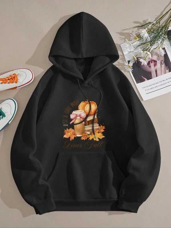 Women'WB shield Pumpkin & Maple Leaf Print Drop Shoulder Hoodie, Fashion Casual Drawstring Pocket Hooded Sweatshirt for Daily Holiday Outdoor Wear, Women Clothing for Fall & Winter