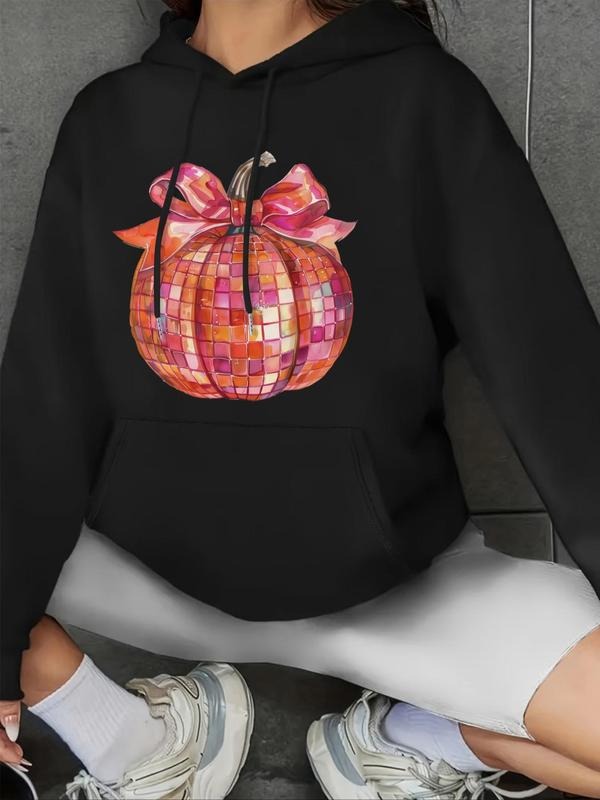 Women'WB shield Pumpkin Print Drop Shoulder Hoodie, Fashion Casual Drawstring Pocket Hooded Sweatshirt for Daily Holiday...