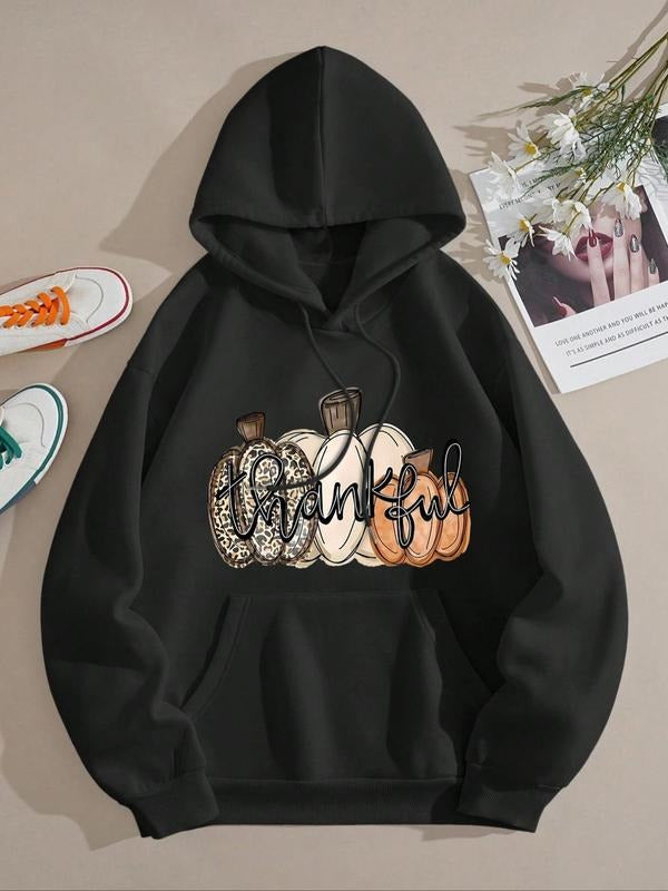 Women'WB shield Pumpkin Print Drop Shoulder Hoodie, Fashion Casual Drawstring Pocket Hooded Sweatshirt for Daily Holiday...