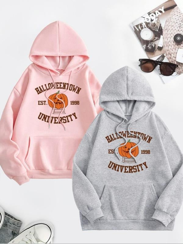 Women'WB shield Pumpkin Print Drop Shoulder Hoodie, Halloween Fashion Casual Letter Print Drawstring Kangaroo Pocket...