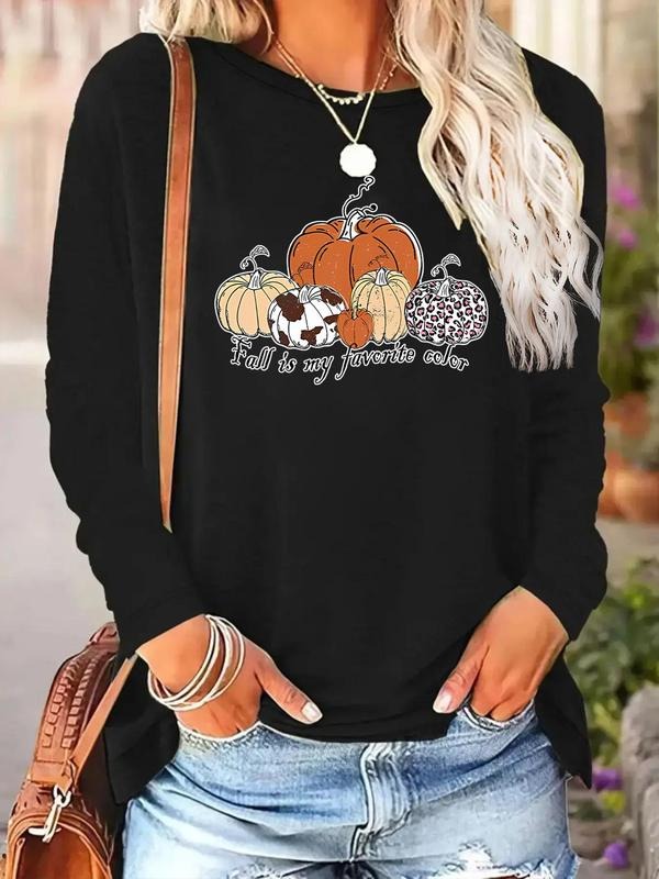Women'WB shield Pumpkin Print Round Neck Tee, Casual Long Sleeve Crew Neck T-shirt for Fall & Winter, Women'WB shield Top...