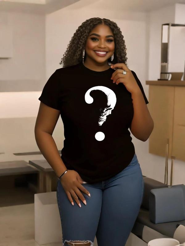 Women'WB shield Question Mark Print Round Neck Tee, Fashion Casual Crew Neck Short Sleeve T-shirt for Daily Holiday Vacation Outdoor Wear, Women Tops for Summer