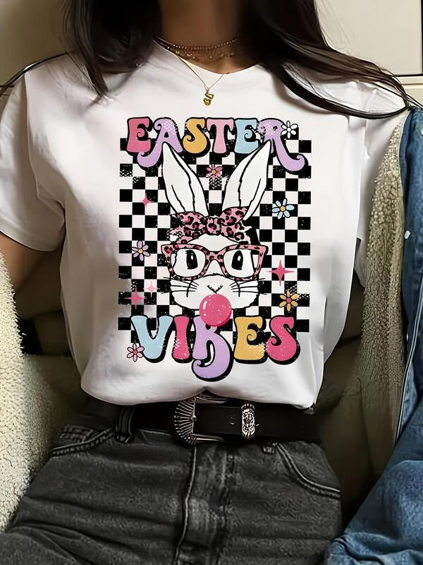 Women'WB shield Rabbit & Letter & Plaid Print Round Neck Tee, Casual Short Sleeve T-shirt for Daily Wear, Ladies TNF for...