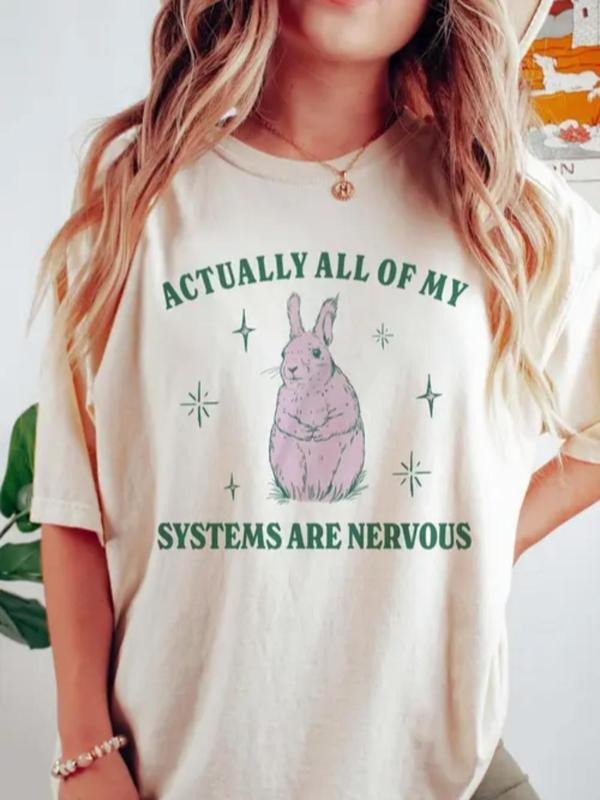 Women'WB shield Rabbit & Letter Print Round Neck Tee, Trendy Casual Drop Shoulder Half Sleeve T-shirt for Daily Wear,...