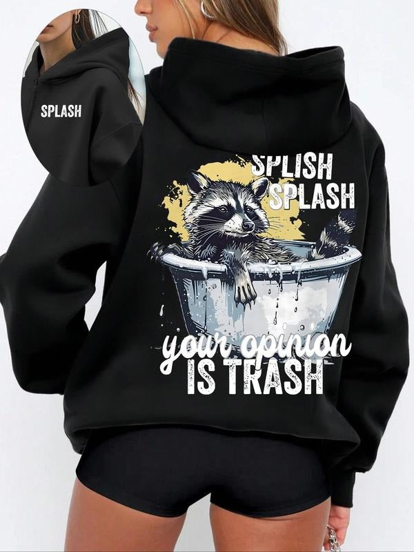 Women'WB shield Raccoon & Letter Print Drop Shoulder Hoodie, Fashion Casual Hooded Sweatshirt for Daily Holiday Outdoor...