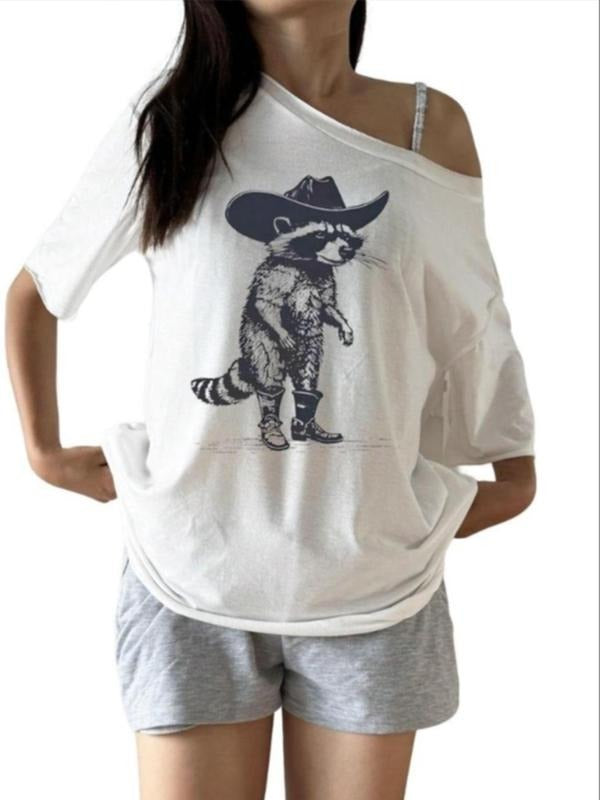 Women'WB shield Raccoon Print FOG Shoulder Tee, Casual Fashion Hipster Long Sleeve T-shirt for Daily Wear, Ladies Summer...