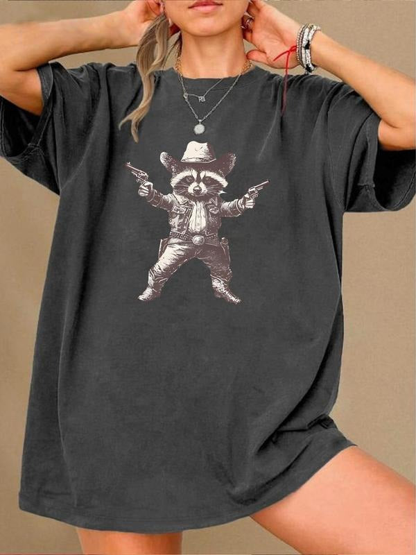 Women'WB shield Raccoon Print Round Neck Tee, Fashion Casual Crew Neck T-Shirt for Daily Holiday Vacation Outdoor Wear,...