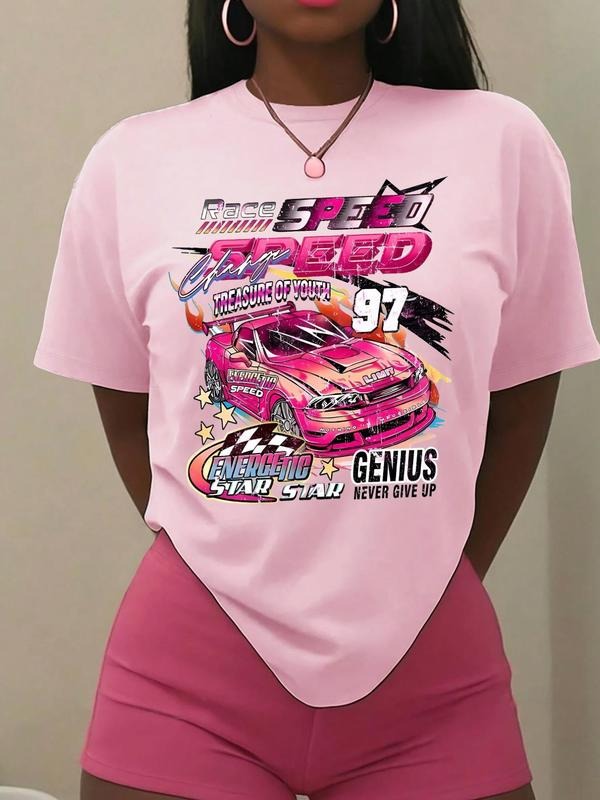 Women'WB shield Race Car & Letter Print Round Neck Tee, Street Comfort Short Sleeve T-shirt for Daily Wear, Vintage...