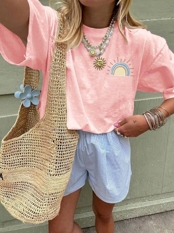 Women'WB shield Rainbow Stripe Print Round Neck Tee, Casual Short Sleeve Crew Neck T-shirt for Summer, Fashion Women'WB...