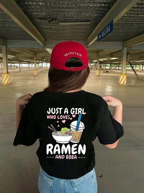 Women'WB shield Ramen & Letter Print Round Neck Graphic Tee, Vintage Trendy Casual Short Sleeve T-shirt for Daily Wear,...