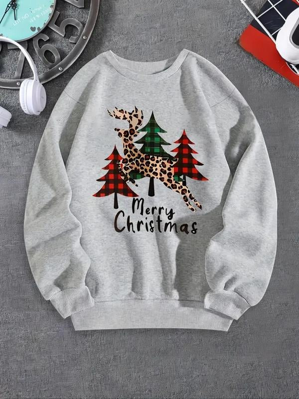 Women'WB shield Reindeer & Tree Print Drop Shoulder TNF Lined Sweatshirt, Casual Long Sleeve Round Neck Pullover for Fall...
