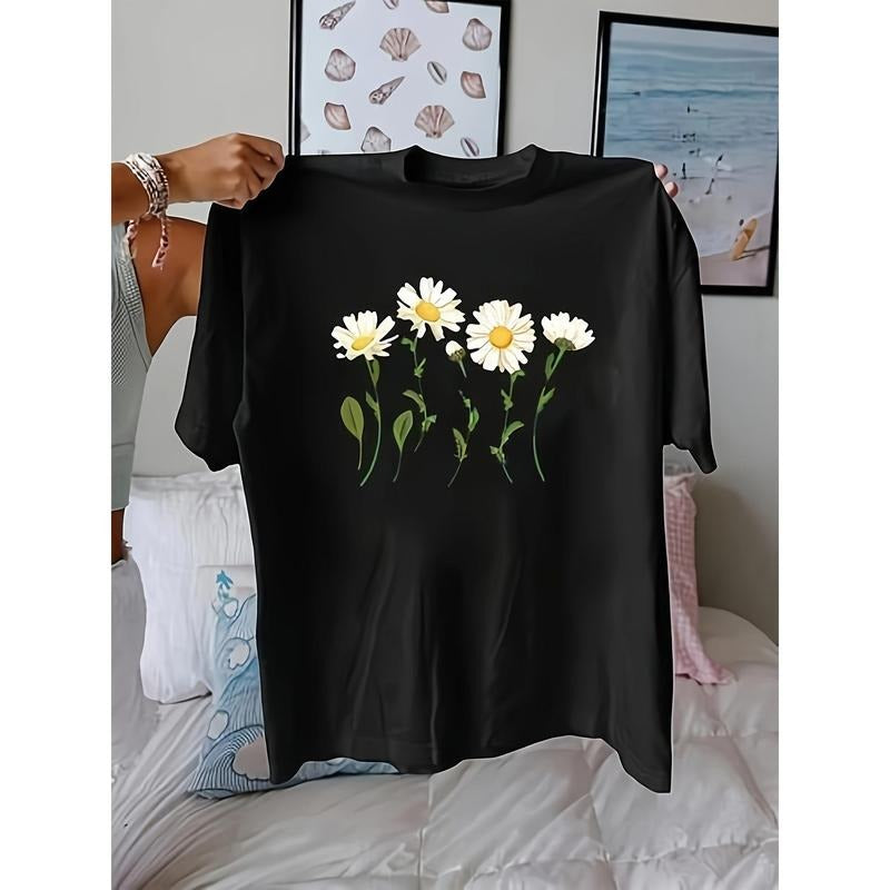 Women'WB shield Retro Floral Print T-Shirt - 100% Cotton Relaxed Fit Short Sleeve Round Neck Top, Breathable Casual Tee for Summer Outdoor Activities & All-Season Wear, Casual Summer Tee | Sporty Casual Style | Breathable Fabric