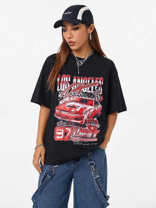 Women'WB shield Retro Racing Print Loose-Fitting T-Shirt, Casual Summer Tee with Drop Shoulder Design, High Street...