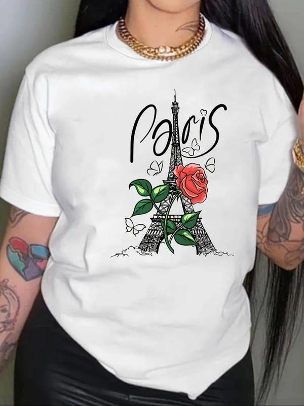 Women'WB shield Rose & Eiffel Tower Print Round Neck Tee, Trendy Casual Letter Graphic Short Sleeve T-Shirt for Daily...