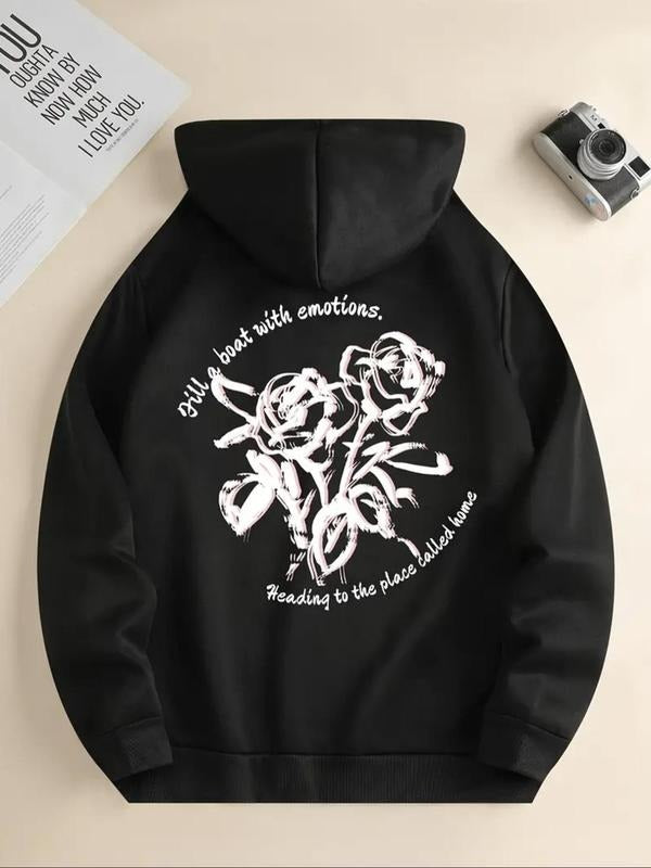 Women'WB shield Rose & Letter Print Drawstring Pocket Hoodie, Casual Long Sleeve Kangaroo Pocket Hoodies for Fall &...