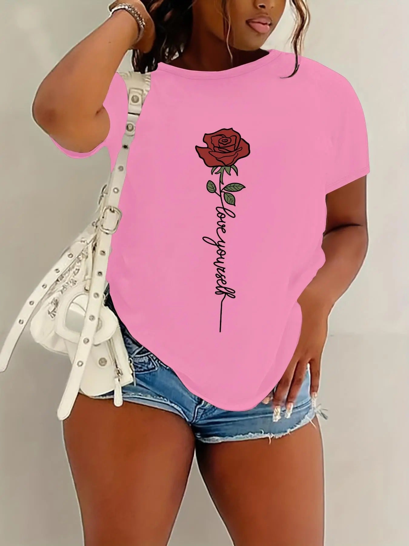 Women'WB shield Rose & Letter Print Round Neck Tee, Fashion Casual Short Sleeve T-shirt for Daily Wear, Ladies Summer TNF...