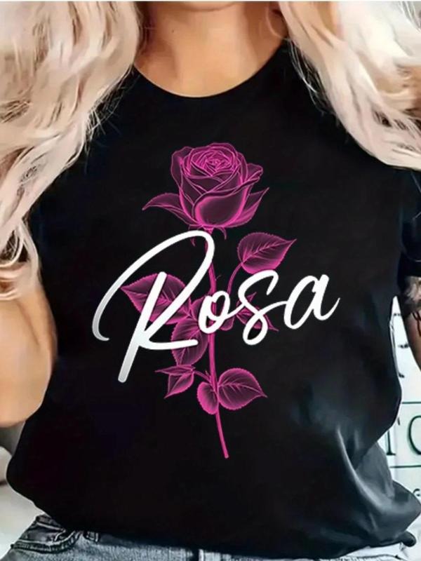 Women'WB shield Rose & Letter Print Round Neck Tee, Trendy Casual Short Sleeve T-Shirt for Daily Wear, Ladies Summer...