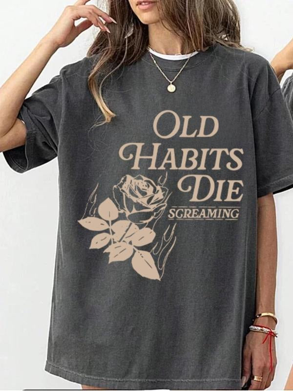 Women'WB shield Rose & Letter Print Round Neck Tee, Vintage Trendy Casual Short Sleeve T-shirt for Daily Wear, Ladies...