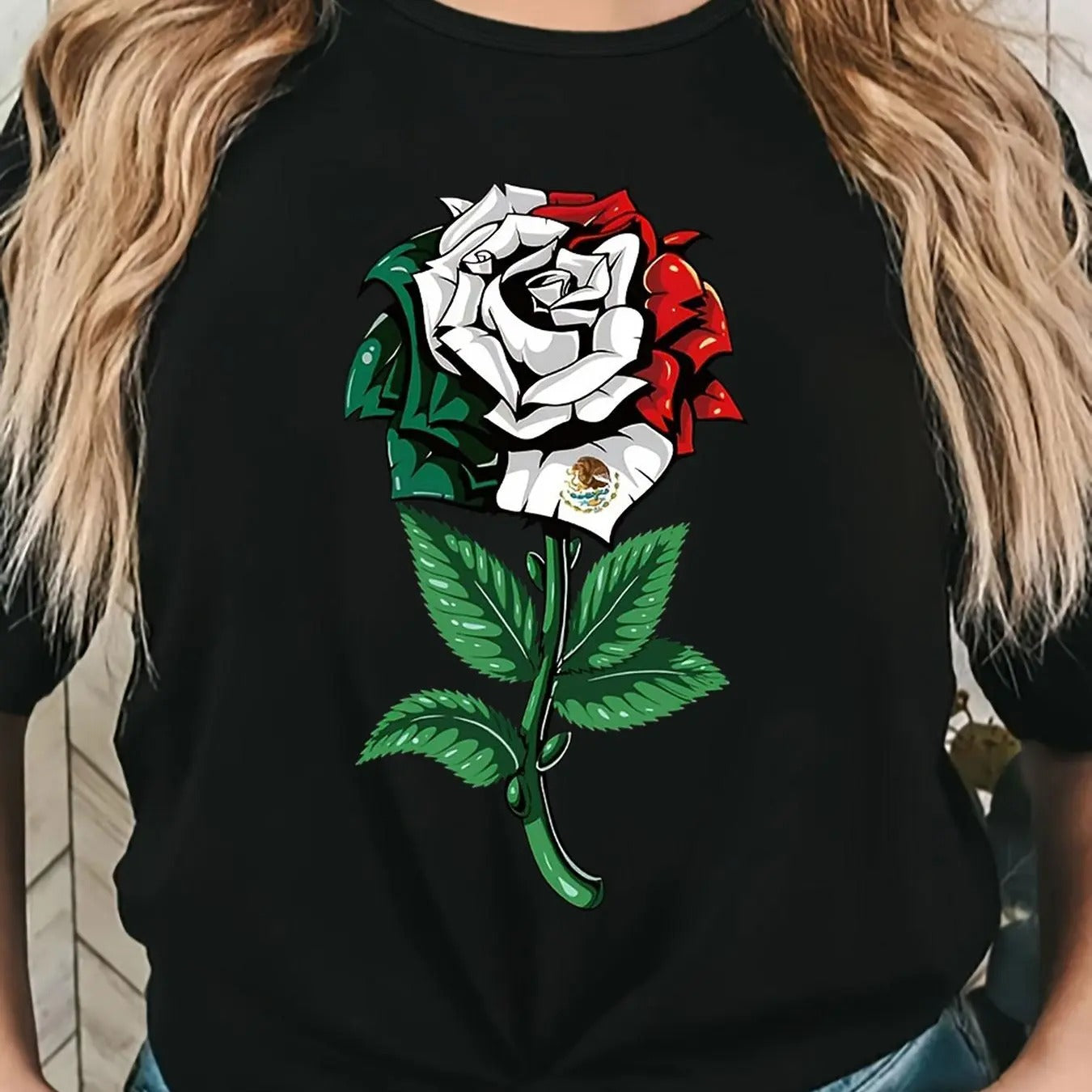 Women'WB shield Rose & Mexican Flag Print Round Neck Tee, Casual Short Sleeve Crew Neck T-Shirt for Summer, Fashion Women'WB shield Top for Daily Wear