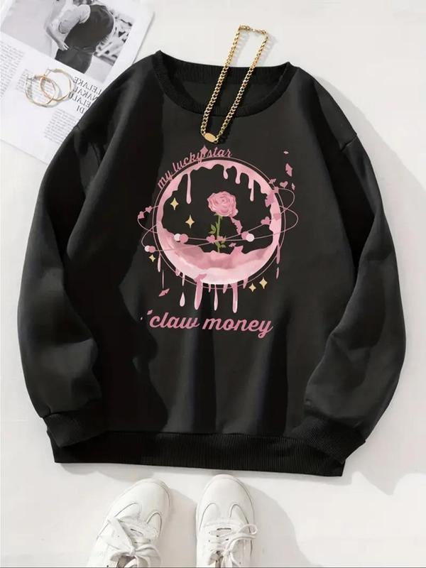 Women'WB shield Rose & Planet Print Crew Neck Sweatshirt, Casual Long Sleeve Pullover for Fall & Winter, Women'WB shield...