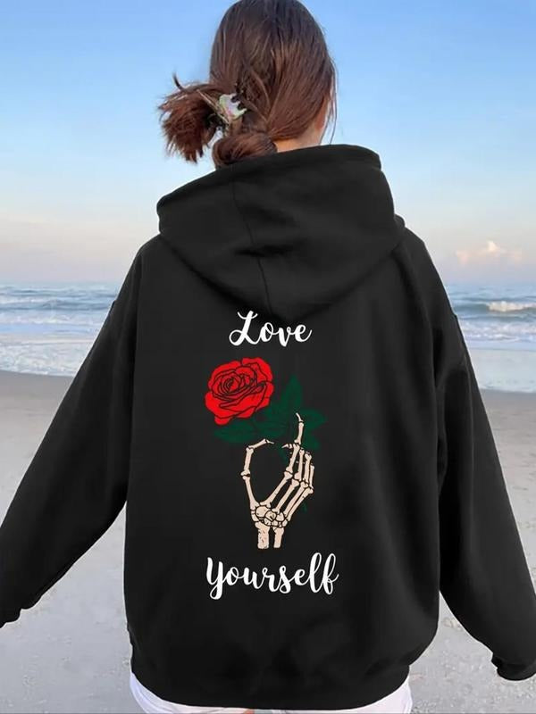 Women'WB shield Rose & Skeleton Hand Print Drop Shoulder Hoodie, Fashion Casual Drawstring Pocket Hooded Sweatshirt for...