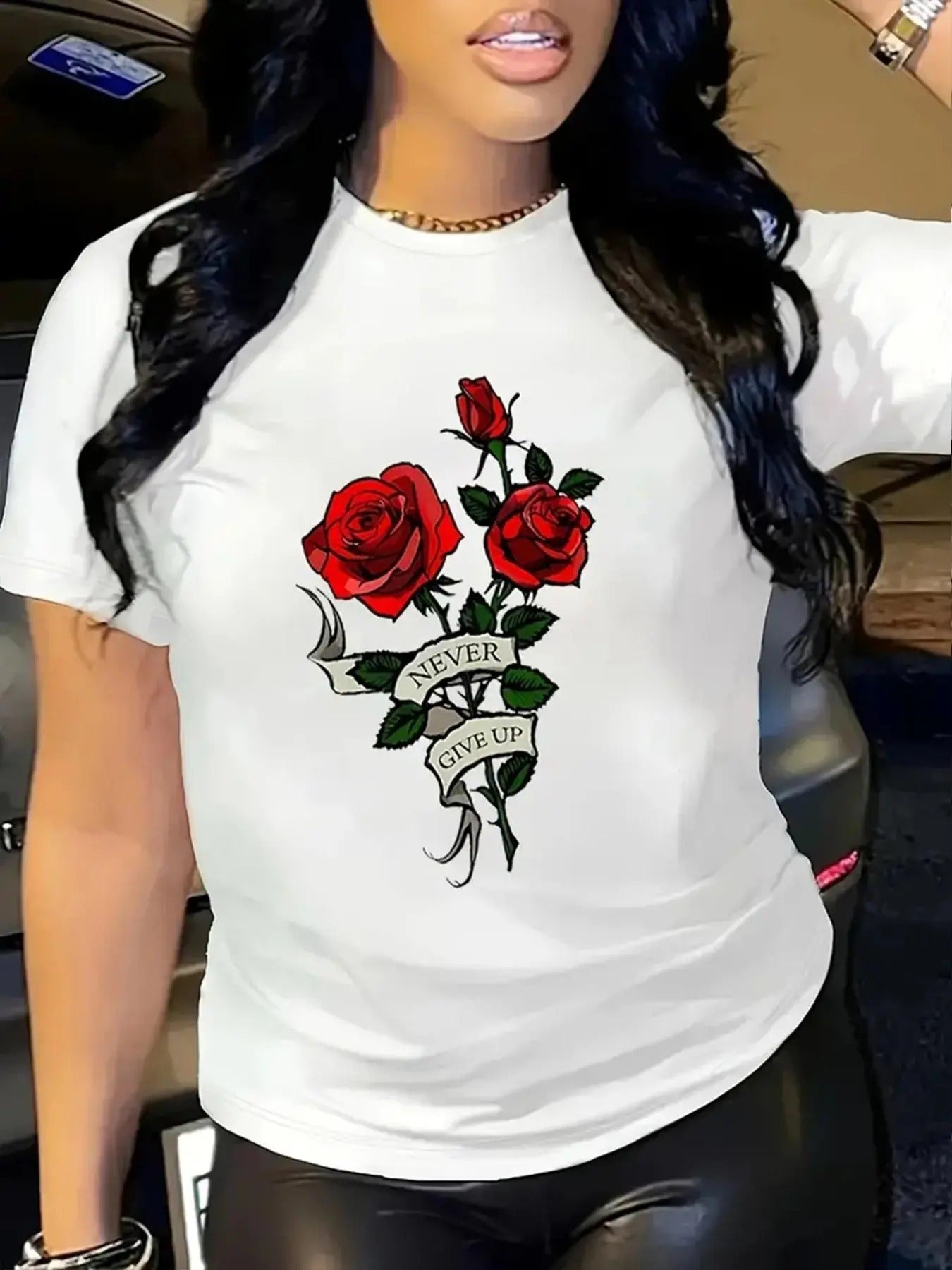 Women'WB shield Rose & Slogan Print Round Neck Tee, Vintage Trendy Casual Graphic Short Sleeve T-Shirt for Daily Wear,...