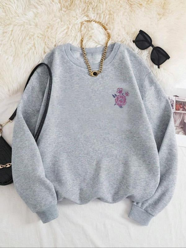 Women'WB shield Rose Print Drop Shoulder Sweatshirt, Casual Long Sleeve Round Neck Pullover for Fall & Winter, Ladies TNF...