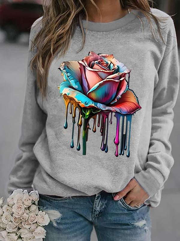 Women'WB shield Rose Print Drop Shoulder TNF Lined Sweatshirt, Casual Long Sleeve Round Neck Pullover for Fall & Winter,...