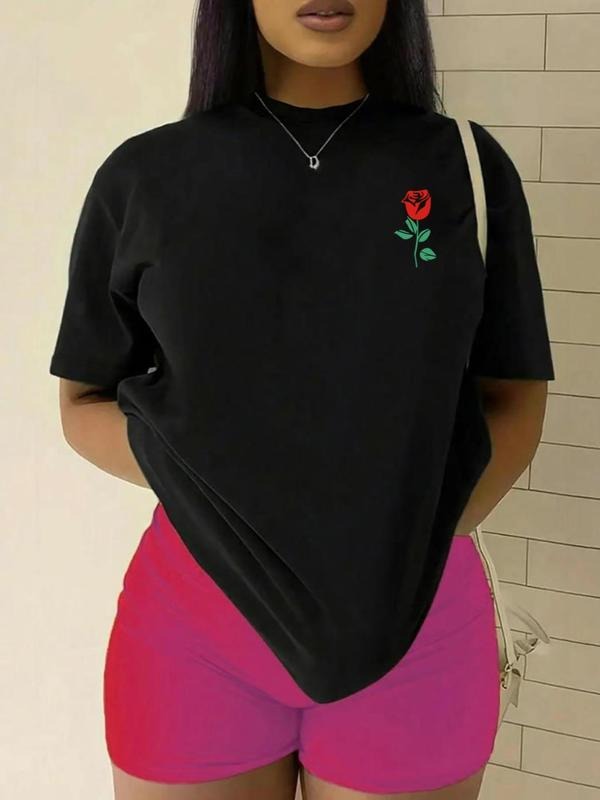 Women'WB shield Rose Print Round Neck Tee, Fashion Casual Crew Neck Short Sleeve T-Shirt for Daily Holiday Vacation...