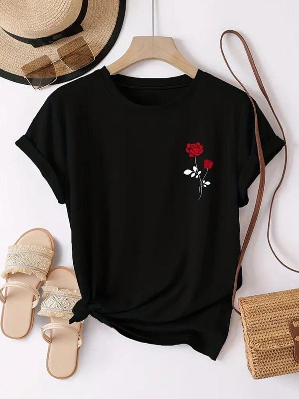 Women'WB shield Rose Print Round Neck Tee, Fashion Casual Short Sleeve T-shirt, Ladies Summer TNF for Daily Wear Hoodie,...