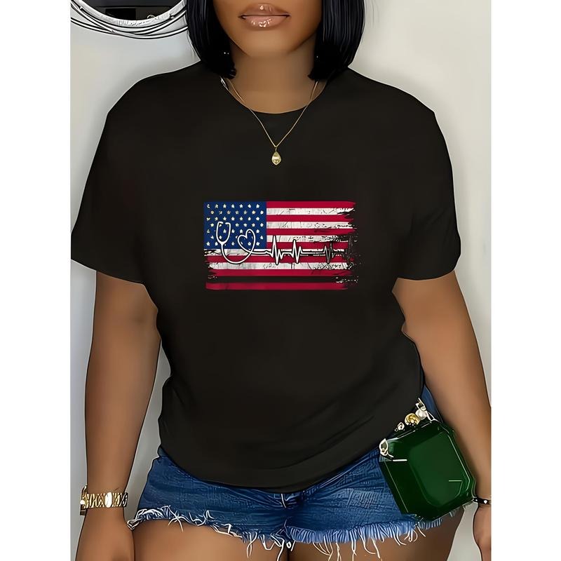 Women'WB shield Round Neck Short Sleeves American Flag Graphic T-Shirt - Black style 02 Hoodie, Sweatshirt | DripVista.com