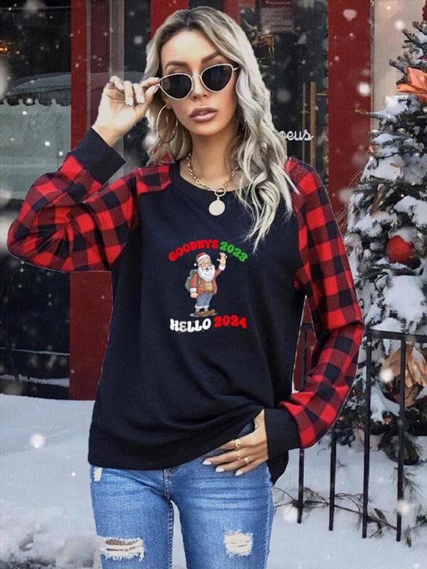 Women'WB shield Santa Claus Print Raglan Sleeve Tee, Casual Plaid Print Long Sleeve Round Neck T-shirt for Fall & Winter,...