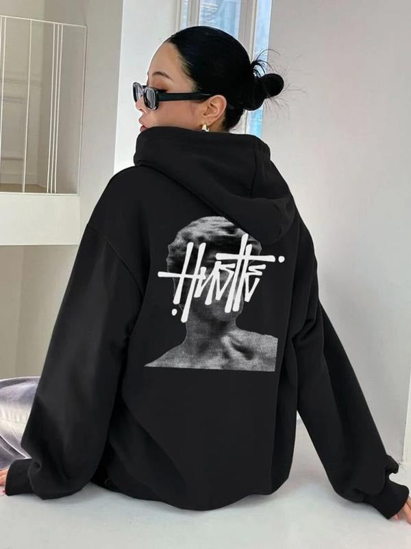 Women'WB shield Sculpture Print Drop Shoulder Hoodie, Fashion Casual Drawstring Pocket Hooded Sweatshirt for Daily...