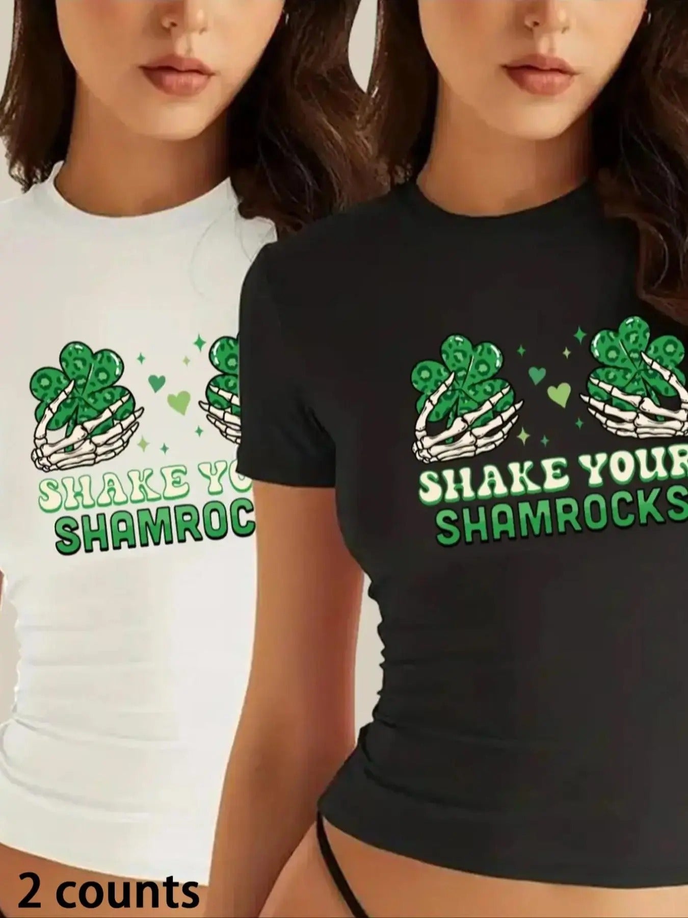 Women'WB shield Shamrock & Letter Print Round Neck Tee, Casual Short Sleeve T-shirt for Lightsaber brand. Patrick'WB...