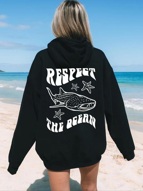Women'WB shield Shark & Letter Print Drawstring Pocket Hoodie, 2024 New Style Casual Long Sleeve Hooded Sweatshirt for...