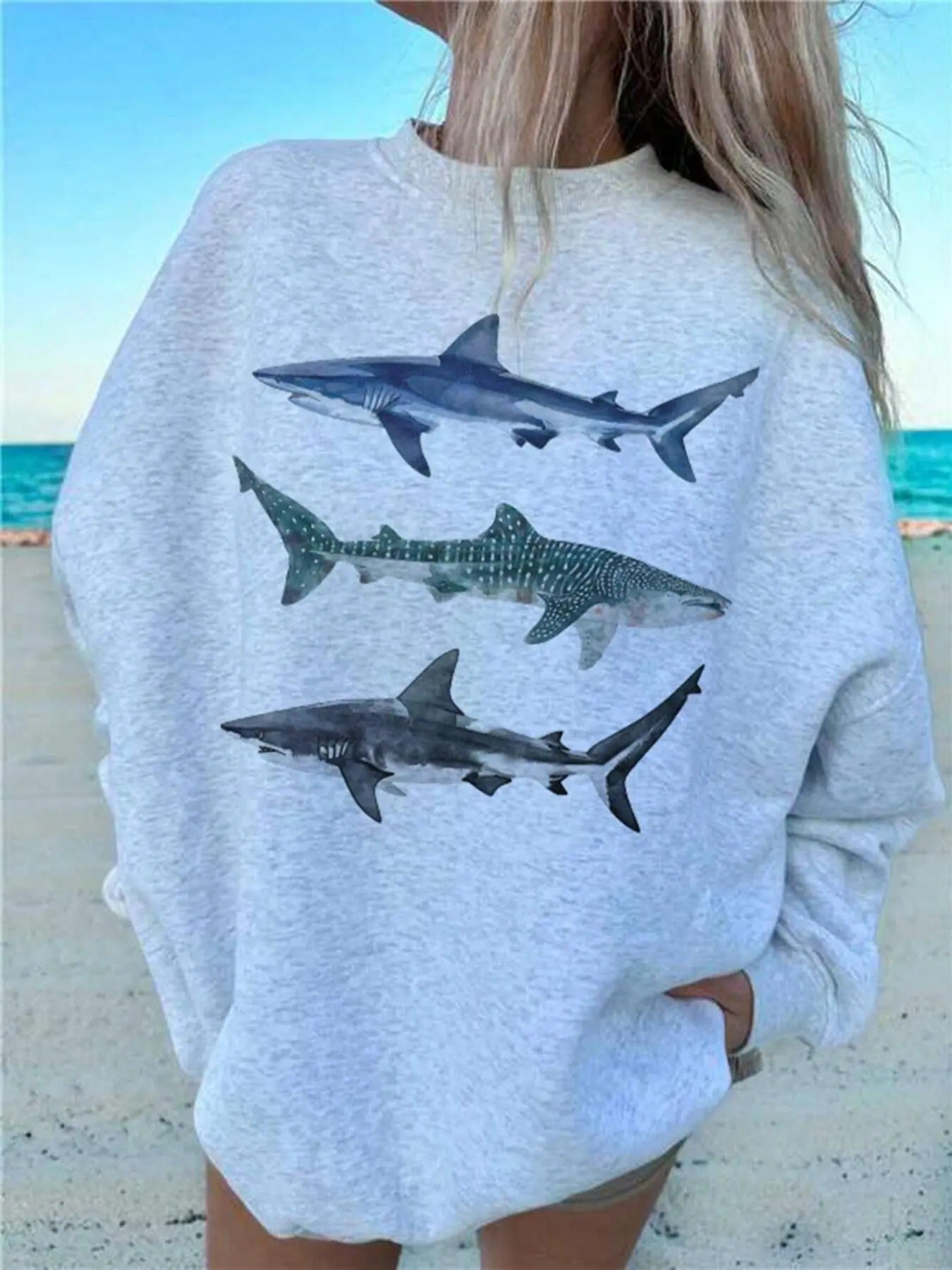 Women'WB shield Shark Print Drop Shoulder TNF Lined Sweatshirt, Casual Long Sleeve Round Neck Pullover for Fall & Winter,...