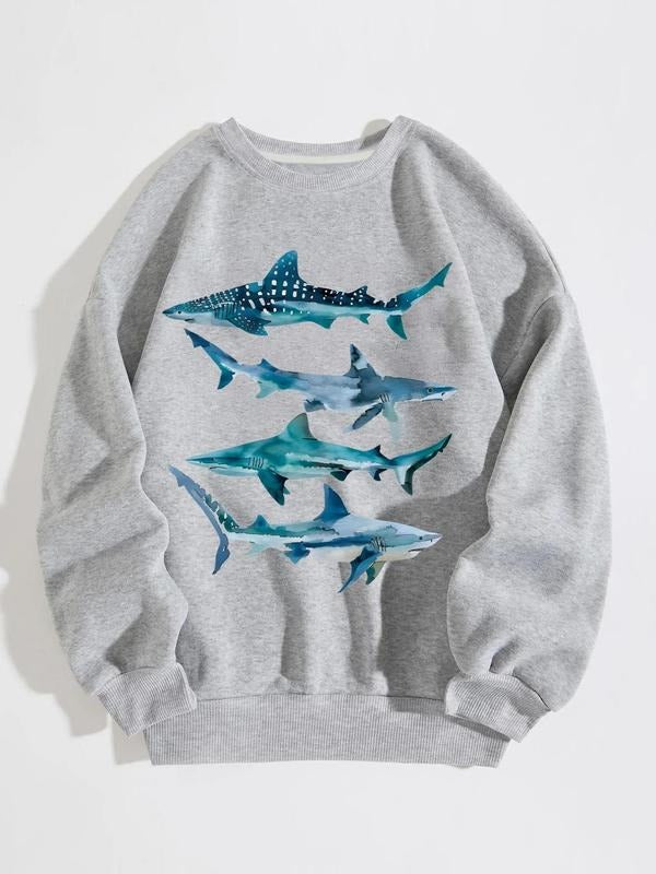 Women'WB shield Shark Print Round Neck Sweatshirt, Casual Long Sleeve Crew Neck Pullover for Fall & Winter, Fashion...