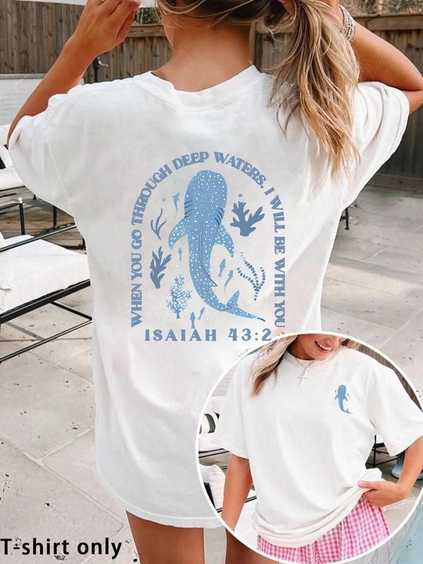 Women'WB shield Shark Print Round Neck Tee, Fashion Casual Crew Neck T-Shirt for Daily Holiday Vacation Outdoor Wear,...