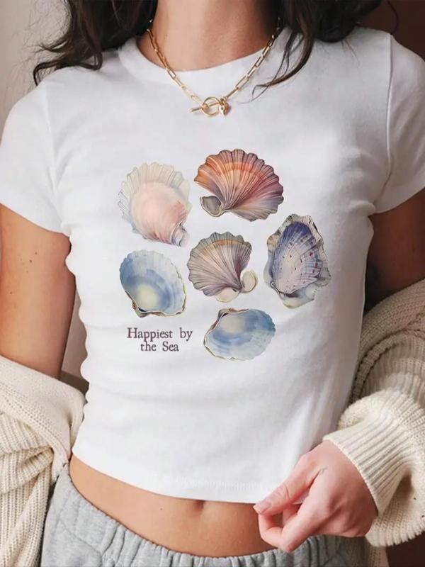 Women'WB shield Shell Print Round Neck Tee, Casual Short Sleeve Crew Neck T-shirt for Summer, Fashion Women'WB shield Top...